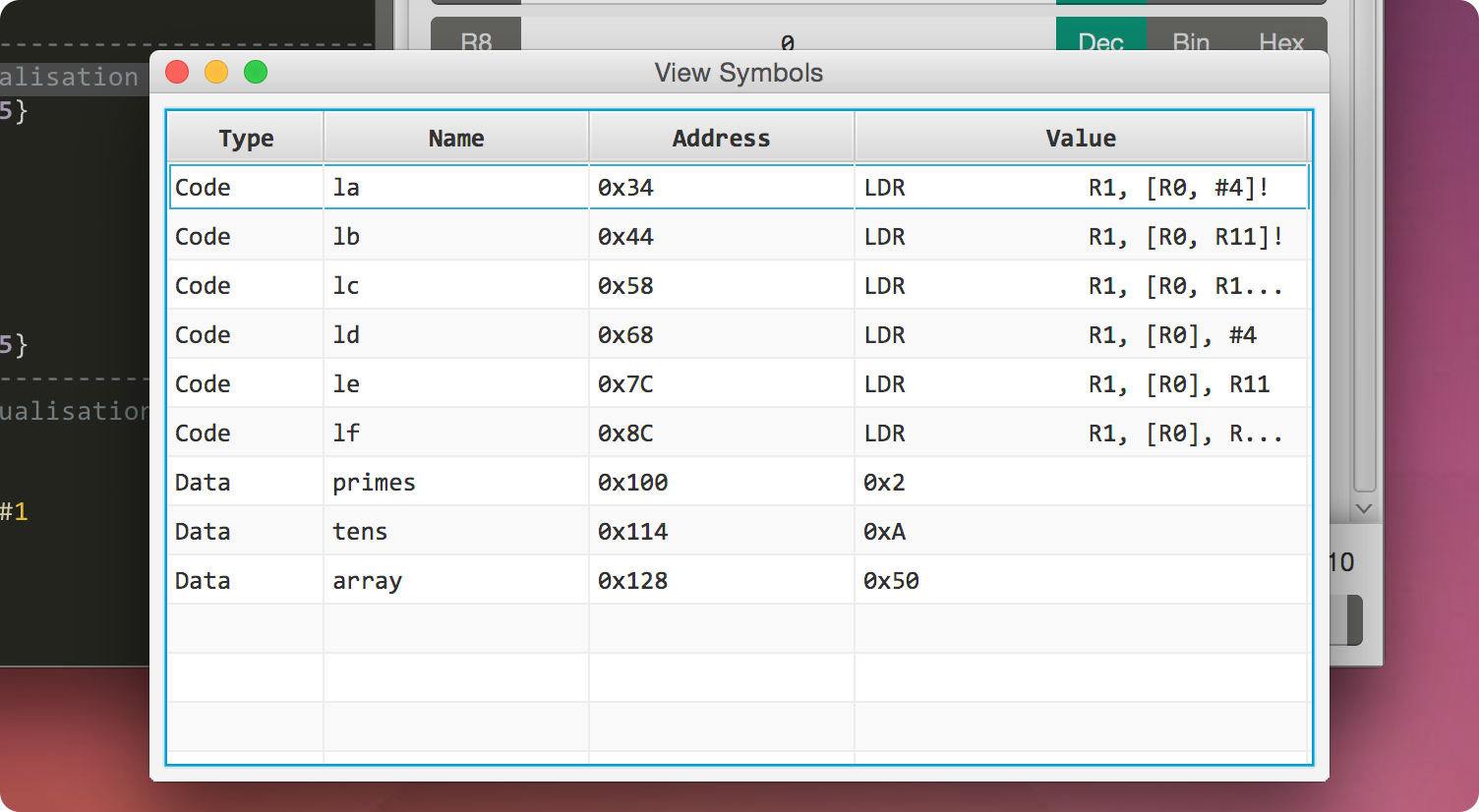 view symbols window